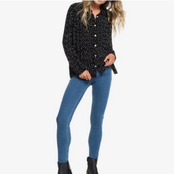 Roxy Urban Earth Long Sleeve Button Up Shirt in Black & White Polkadot - Picture 5 of 14